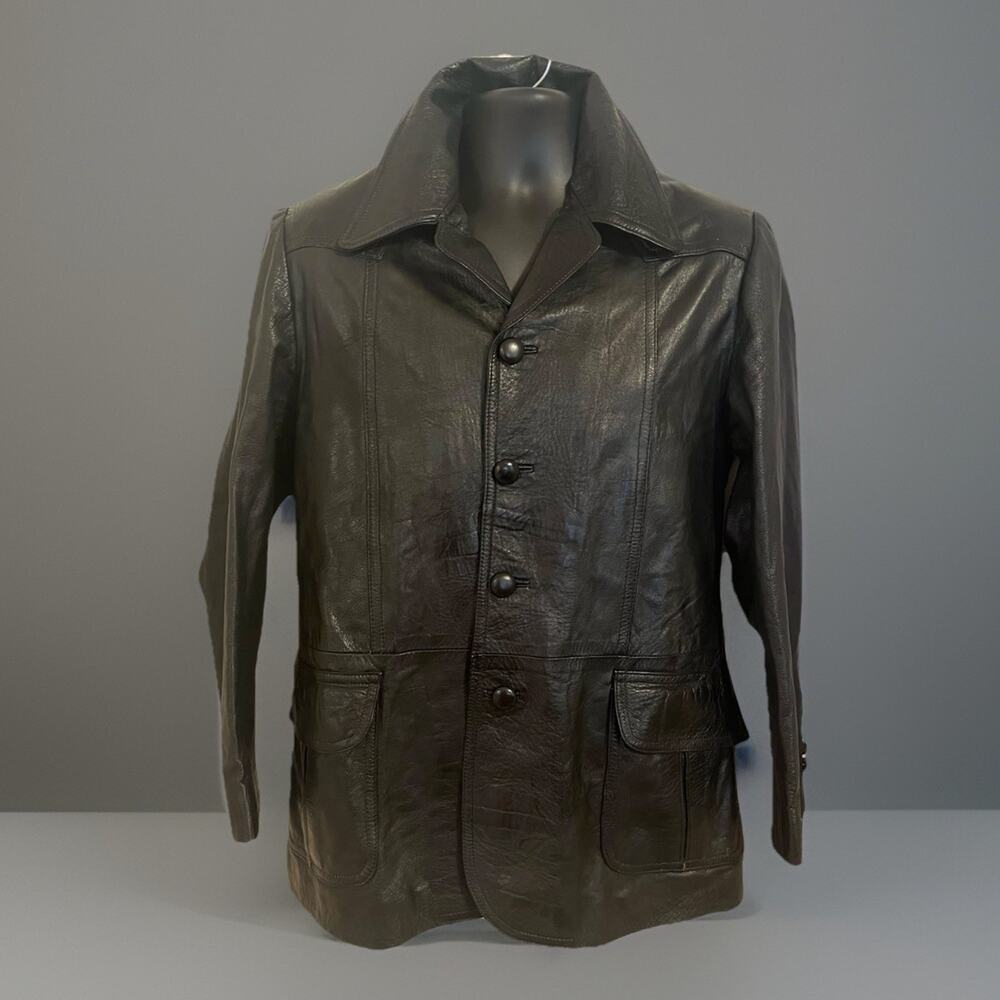 VTG 70s Leather Jacket El Guante Black Dagger Collar Distress Western Yoke Belt